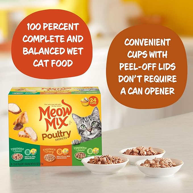 Meow Mix Poultry Selections Wet Cat Food, Variety Pack, 2.75 Ounce Cup (Pack of 24)
