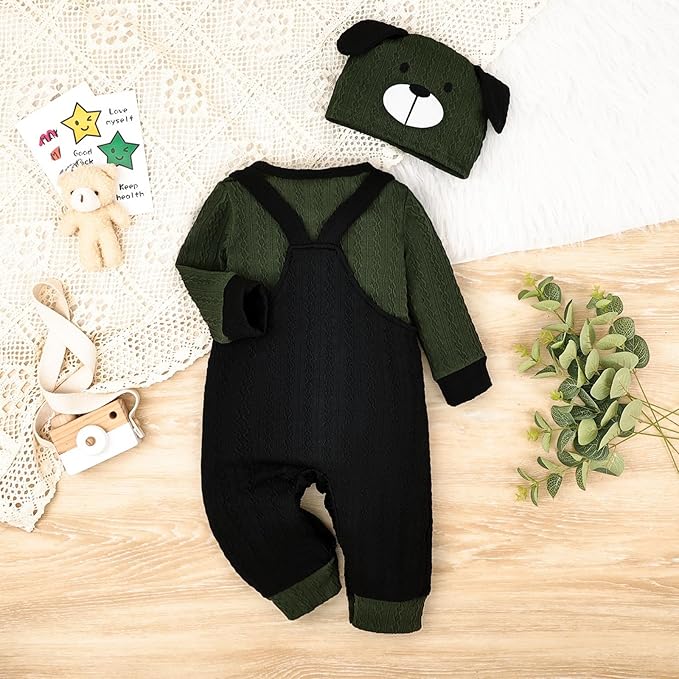 FOCUTEBB Baby Boy Clothes Cute Long Sleeve Romper Infant Pocket Overalls Adjustable Suspender Pants Set 0-18 Months