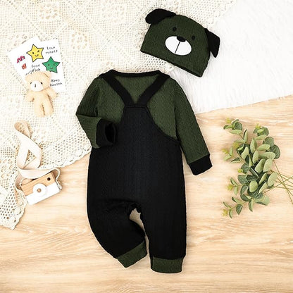 FOCUTEBB Baby Boy Clothes Cute Long Sleeve Romper Infant Pocket Overalls Adjustable Suspender Pants Set 0-18 Months