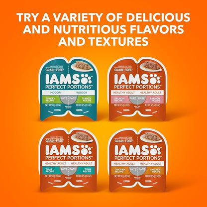 IAMS Perfect Portions Grain Free Wet Cat Food, Indoor Adult Cat Food Wet Cuts in Gravy, Chicken Recipe, (24) 2.6 oz. Twin-Pack Trays