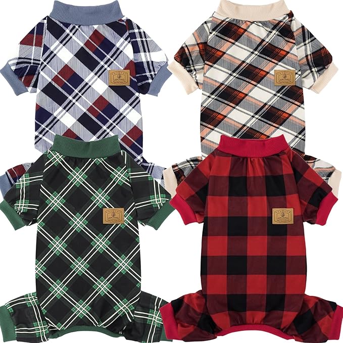 XPUDAC 4 Pack Dog Pajamas for Small Dogs Cats Plaid Doggie Clothes Puppy Onesies Christmas Pajamas Jumpsuits Pet Pjs Shirt Apparel Medium, Red Green Beige Grey