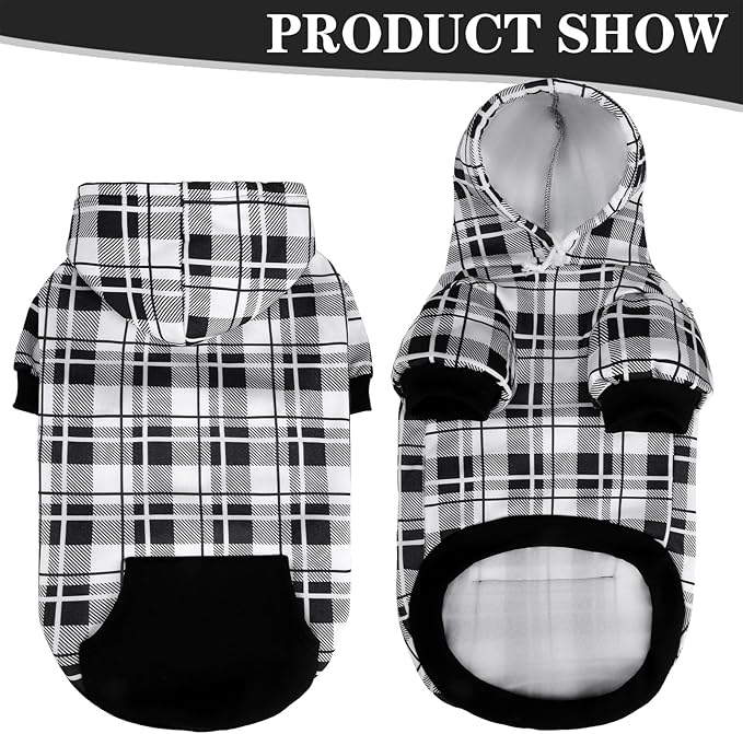 EXPAWLORER Plaid Dog Hoodie - British Style Warm Dog Sweater Shirt with Leash Hole,Pitbull Clothes Outfits,Winter Coat Apparel for All Breeds Puppy Girl Boy-Cat Apparel,Black & White Small