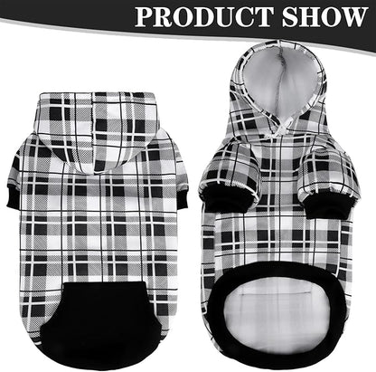 EXPAWLORER Plaid Dog Hoodie - British Style Warm Dog Sweater Shirt with Leash Hole,Pitbull Clothes Outfits,Winter Coat Apparel for All Breeds Puppy Girl Boy-Cat Apparel,Black & White X-Large