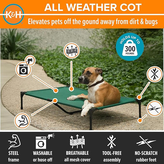 K&H Outdoor Elevated Dog Bed - Cooling Raised Dog Bed for Large & Extra-Large Pets, Breathable Mesh Hammock Design, Indoor/Outdoor Washable Cover, Portable Metal Frame, Green, XL 50x32in