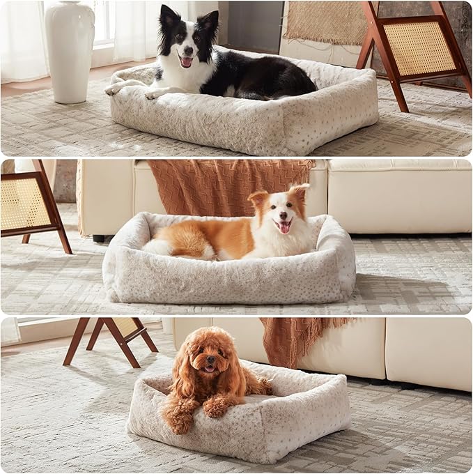 JOEJOY Large Dog Beds Large Sized Dog, Removable Washable Cover Orthopedic Soft Faux Rabbit Fur Pet Bed, Anti-Slip Fluffy Plush Faux Rabbit Fur Puppy Bed, 36"x27"x8", Leopard Print, Beige