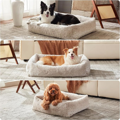 JOEJOY Dog Bed for Small Medium Dogs, Removable Washable Cover Orthopedic Soft Faux Rabbit Fur Pet Bed, Anti-Slip Fluffy Plush Puppy Bed, 25"x21"x7", Leopard Print, Beige