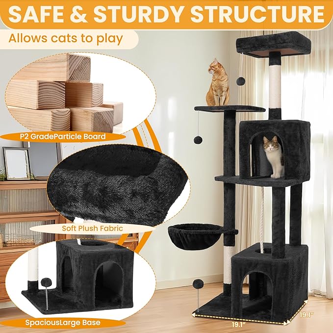 Cat Tree, 54-Inch Cat Tower for Indoor Cats, Soft Plush Multi-Level Climbing Cat Condo with Scratching Posts, Basket, Perches,2 Caves,2 Pompoms Play House for Cat(Black)