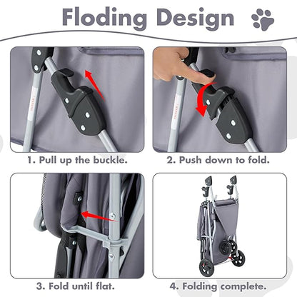 3 Wheel Pet Stroller for Dogs and Cats, Foldable, Lightweight and Durable, Ideal for Small to Medium Pets, Includes Storage Basket and Cup Holders