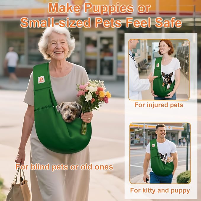 Tomkas Small Dog Sling Carrier - Zipper Pocket & Adjustable Strap & Zip Pocket - for 3-10 lbs Pets(Emerald Green)