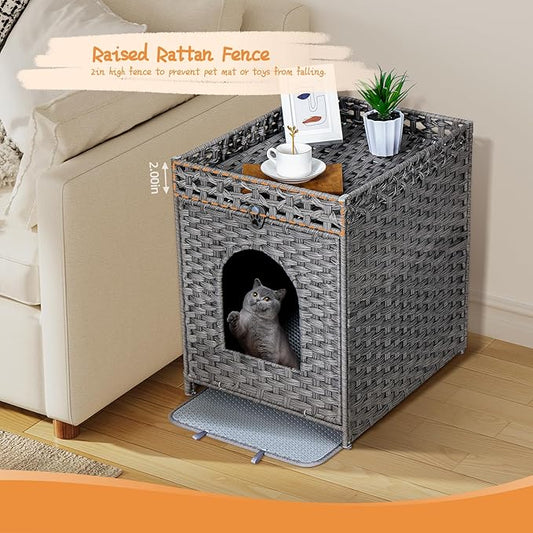 Snughome Cat Litter Box Enclosure Furniture Hidden with Cat Litter Mat, Hidden Cat Washroom Furniture with Door, Handwoven Rattan Cat Washroom Box, Indoor Pet House for Living Room, Bedroom(Grey)