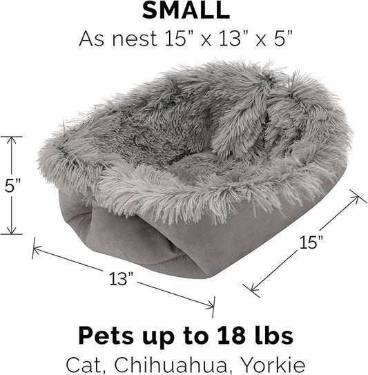Furhaven Self-Warming Cat Bed for Indoor Cats, 4-Beds-in-1 & Washable - Plush Long Faux Fur Convertible Cuddler - Gray, Small (Pack of 2)