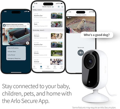 Arlo Essential Indoor Security Camera 2K (2nd Gen, 2023 Release) - Wired Plug-in Power, Person Recognition, Animal Detection, 1-Month Trial of Secure Plan, Automated Privacy Shield, 2 Cam, White