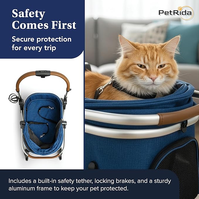 Luxury Pet Stroller with Detachable Carrier | Lightweight Design with Easy One-Hand Fold & Spacious Storage Basket | Safe & Comfortable Travel for a Small to Medium Dog or Cat, Blue