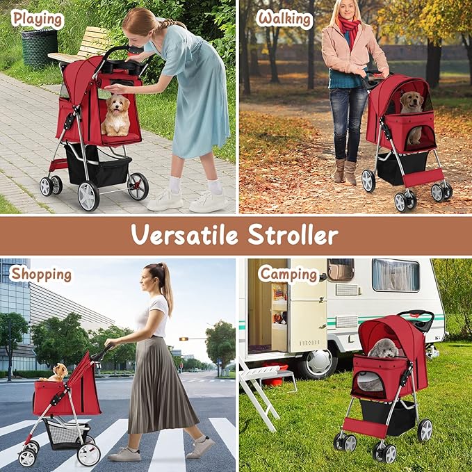 4 Wheels Dog Stroller, Foldable Pet Stroller for Small/Medium Dogs Cats, Cat Carrier with Storage Basket and Cup Holder, Pet Car Seat with Soft Pad, Red