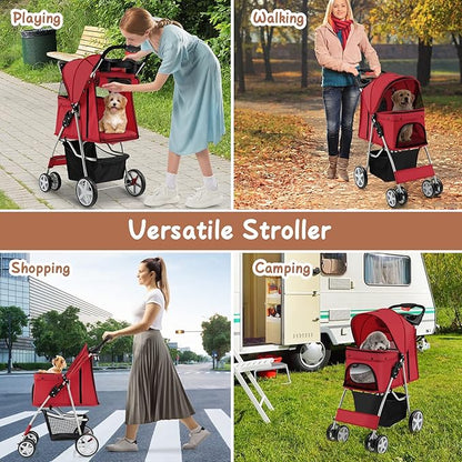 4 Wheels Dog Stroller, Foldable Pet Stroller for Small/Medium Dogs Cats, Cat Carrier with Storage Basket and Cup Holder, Pet Car Seat with Soft Pad, Red