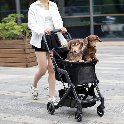 Upgraded Small/Medium Pet Stroller - Dogs & Cats up to 66 lbs, Folds for Storage and Features a Safety Foot Brake, 3-in-1 Foldable Portable Travel Carrier for 2 Small to Medium Pets (Black)