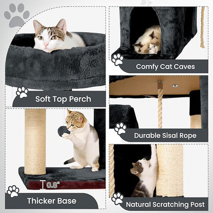 58.5inch Large Cat Tree Tower Condo for Indoor Cats, Soft Plush Multi-Level Climbing Tree Cat House with Cat Cave, Scratching Post, More Entrance/Exit, Sisal Rope, Deep Grey