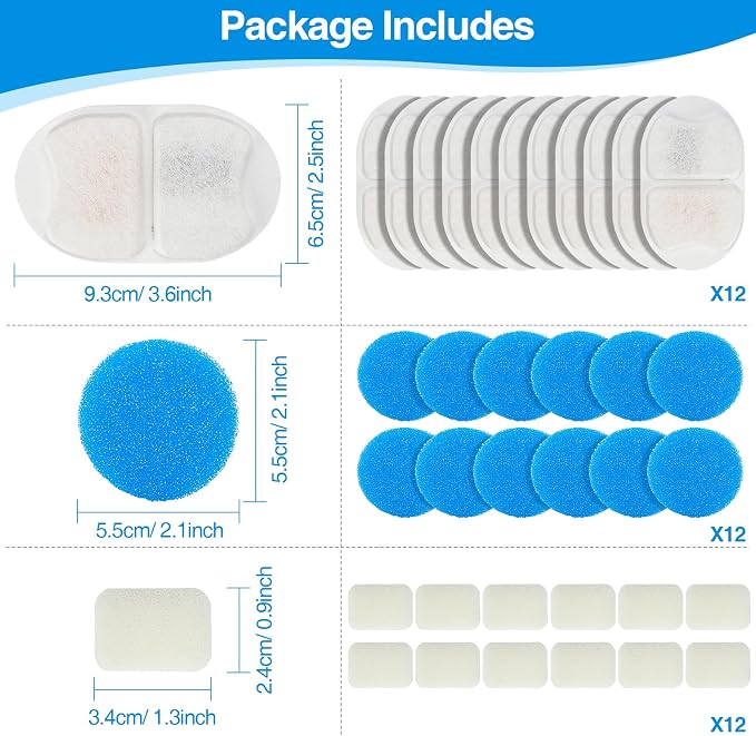 MISFANS Ceramic Dog Water Fountain Filters, 12 Pack Replacement Filters & 12 Pack Replacement Pre-Filter Sponges Set for MISFANS and Other Ceramic Dog Fountain Water Dispenser