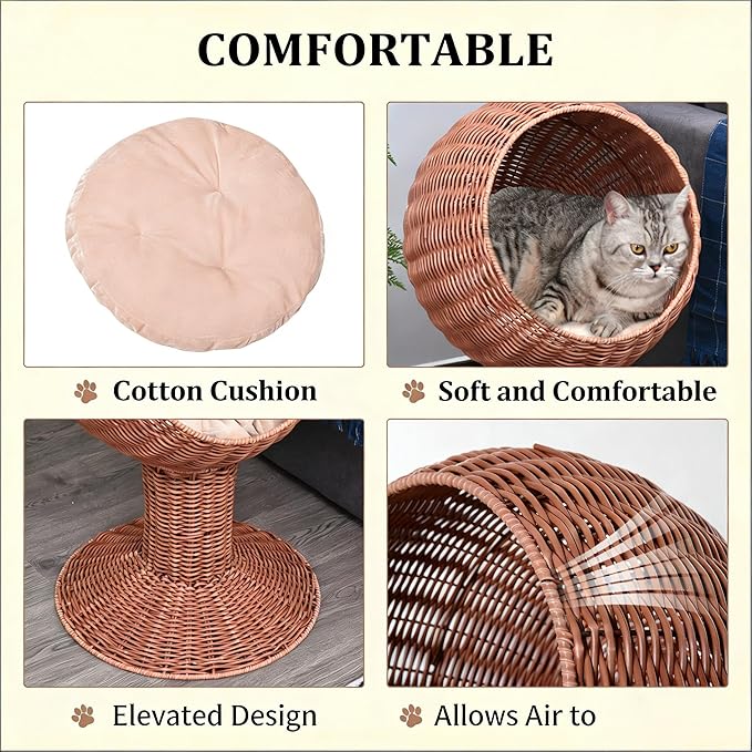 Elevated Cat Basket Bed, Cat Bed with Removable Cushion, Breathable Wicker Pet Bed for Indoor Cats, cat Litter Box Raised Design for Air cat Litter Boxes Circulation, Durable Handw