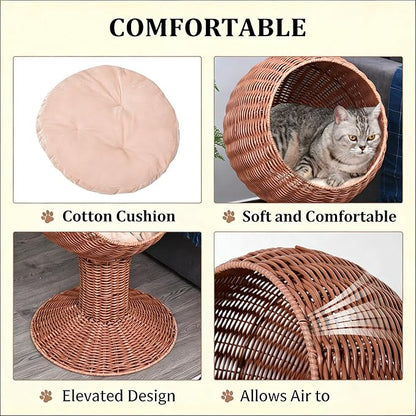 Elevated Cat Basket Bed, Cat Bed with Removable Cushion, Breathable Wicker Pet Bed for Indoor Cats, cat Litter Box Raised Design for Air cat Litter Boxes Circulation, Durable Handw