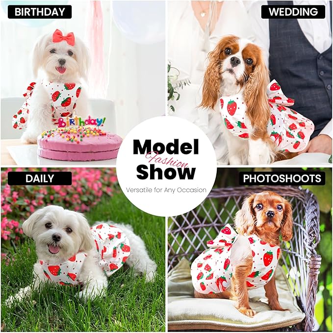 ABRRLO Cute Dog Dress Small Dog Clothes for Girls Female Puppy Outfits Red Strawberry Pet Summer Clothes Bowknot Doggy Cat Princess Dresses Harness for Holiday Birthday Party Costume Clothing (Red,L)