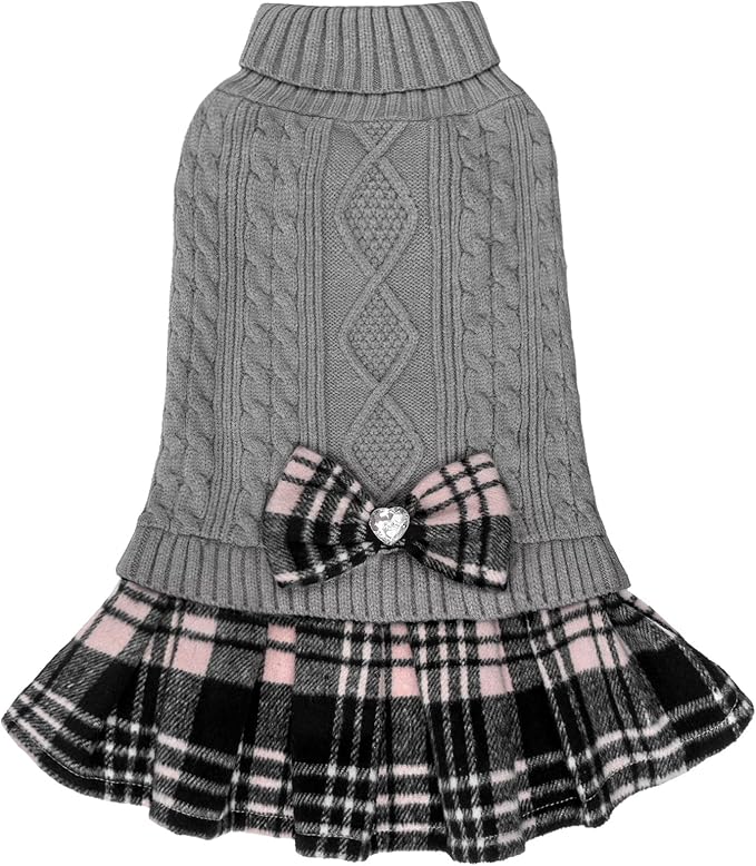 KYEESE Dog Sweater Stretchy Knitwear Pet Sweater Dress Warm Pullover Pet Coats Comfy Dogs Clothes with Bowtie Soft Turtleneck Dog Sweaters for Small Dogs Male, Grey, Large