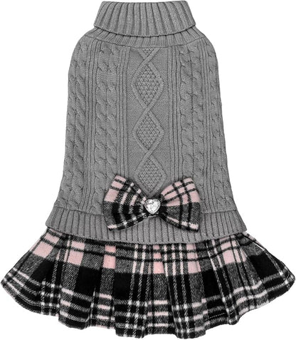 KYEESE Dog Sweater Stretchy Knitwear Pet Sweater Dress Warm Pullover Pet Coats Comfy Dogs Clothes with Bowtie Soft Turtleneck Dog Sweaters for Small Dogs Male, Grey, Large
