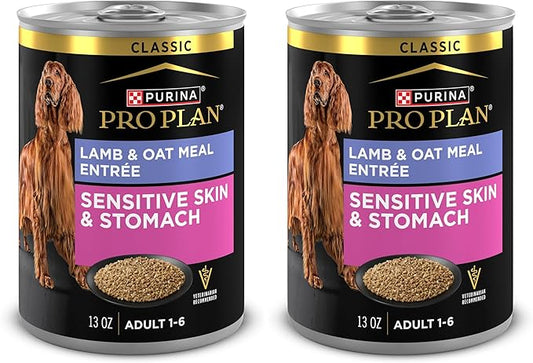 Purina Pro Plan Sensitive Skin and Stomach Dog Food Wet Classic Pate Lamb and Oat Meal Entrée - 13 oz. Cans,(Pack of 24)
