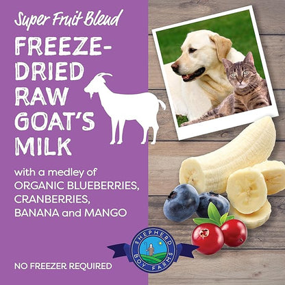 Shepherd Boy Farms Freeze Dried Raw Goats Milk with Probiotics for Dogs & Cats (Super Fruits), Organic USA Fruits, Digestible Goat Milk Powder, Raw Nutrition, High Protein Food Topper - Makes 16 FL Oz