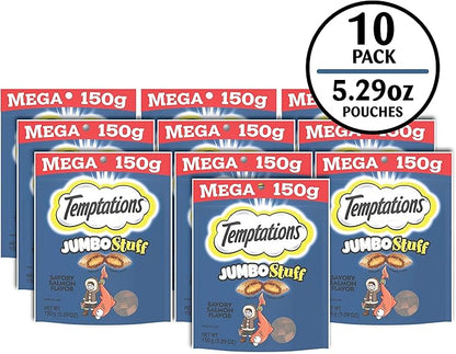 Temptations Jumbo Stuffed Cat Treats, Crunchy and Soft Cat Treats, Savory Salmon Flavor, 5.3 oz. Pouches (Pack of 10)
