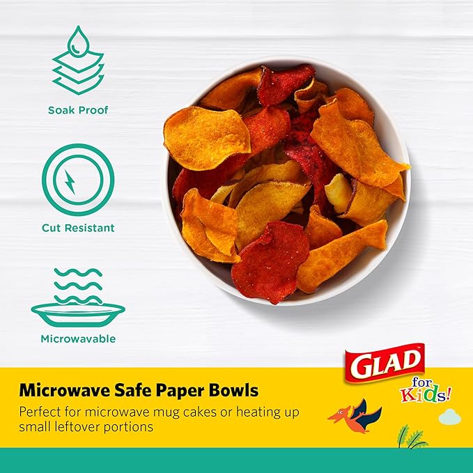 Glad for Kids Dinosaurs Paper Snack Bowls, Colorful Heavy Duty Microwave Safe Disposable Bowls for Soup, Ice Cream, and Snacks, Lids Not Included, Multicolor, Party Pack, 12 Oz, 20 Count