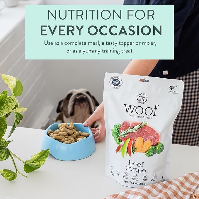 The New Zealand Natural Pet Food Co. WOOF Freeze Dried Dog Food - Beef Recipe, High Protein, Use as a Complete Diet, Dog Food Topper, Mixer, or as Dog Treats, All Life Stages, 9.9 oz