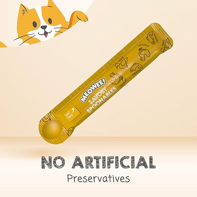 MEOWEE! Savory Spoonables with Real Chicken, Salmon and Duck for Cats, 8 Count, Treat Your Cat to Triple Flavor Squeezable Lickable Wet Treats with Built-in Spoon for Less Mess