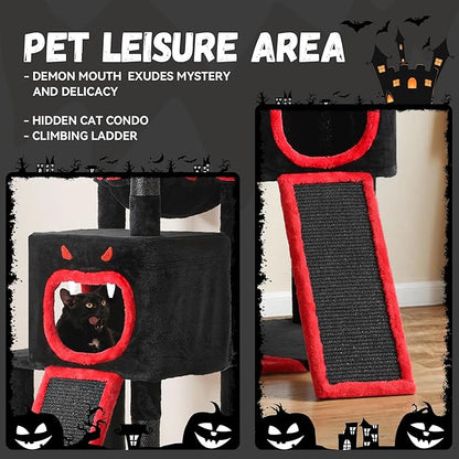 DWVO Gothic Halloween Cat Tree: 60in Tall Tower with Coffin Bed, Top Perch, Spacious Condos, Spider Playthings, Comfy Basket & Scratching Ladder for Indoor Large Cats Kittens, Black & Red