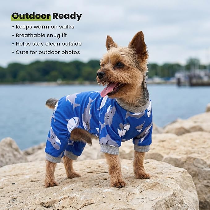 Fitwarm Shark Dog Pajamas, Dog Clothes for Small Dogs Girl Boy, Pet Onesie with Feet, Cat Outfit, Lightweight Velvet, Royal Blue, Medium