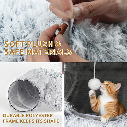 Cat Tunnel Christmas Tree Skirt, Cat Tunnel Bed for Indoor Cats with Hanging Ball, Soft Plush Cats Donut Cave with Washable Mat for Kittens, Rabbits, Puppies and Small Animals Christmas Decors, Grey