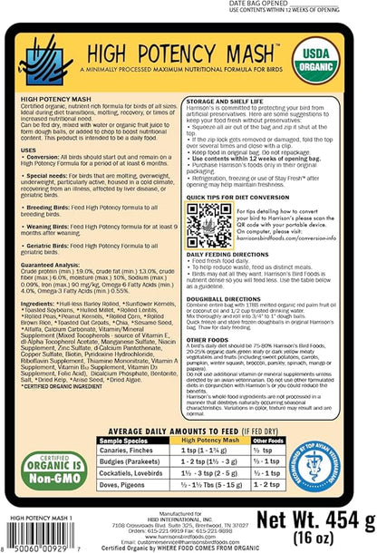 Harrison's Bird Foods High Potency Mash- Certified Organic, Non-GMO, Minimally Processed Nutrient-Rich Formula for Birds with Special Needs, Molting, Breeding, or Young Birds Under 1 Year 454g / 1lb