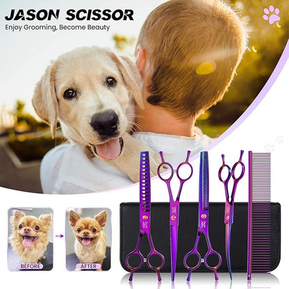 JASON Dog Grooming Scissors Kit, Professional 6 in 1 Dog Scissors Sharp Shears Set - Straight, Thinning, Chunker, Curved Shears and Comb for Long Short Hair for Dog Cat Pet Christmas Gift