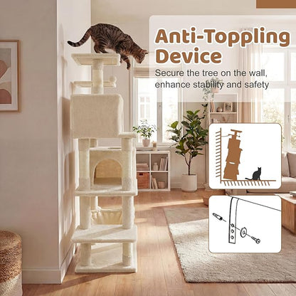 DORTALA 57" Tall Cat Tree, Multi-Level Cat Tower with 2 Large Condos, Sisal Scratching Posts, Top Perch, Hammock, Pet Play House Climbing Furniture for Indoor Adult Cats & Kittens (Beige)