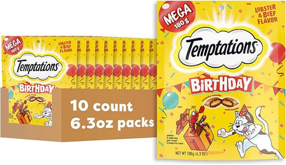 Temptations Birthday Cat Treats, Crunchy and Soft Cat Treats, Lobster & Beef Flavor, 6.3 oz. Pouch (Pack of 10)