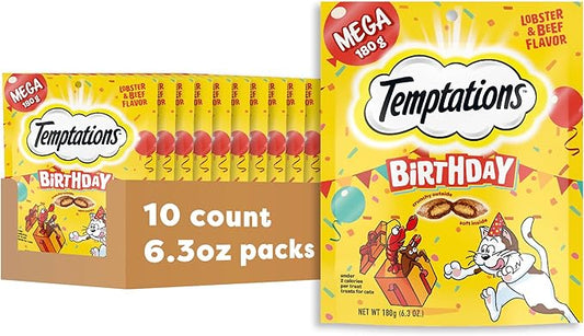 Temptations Birthday Cat Treats, Crunchy and Soft Cat Treats, Lobster & Beef Flavor, 6.3 oz. Pouch (Pack of 10)