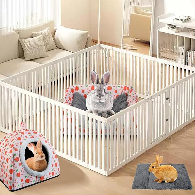 Warm Rabbit Hideout, Washable Bunny Bed & Hideaway House with Strawberry Design, Cozy Fleece Hut for Indoor Rabbits Guinea Pigs and Other Small Animals