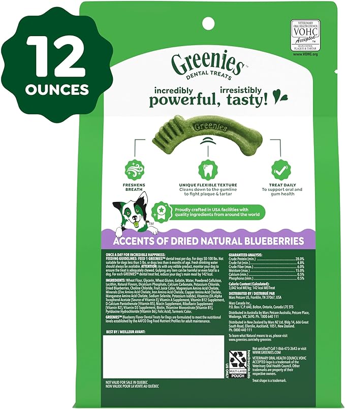 Greenies Dog Treats, Veterinarian-Recommended Natural Dental Dog Treats, Large Size, Blueberry Flavor, 12 oz. Pack, 8 Count
