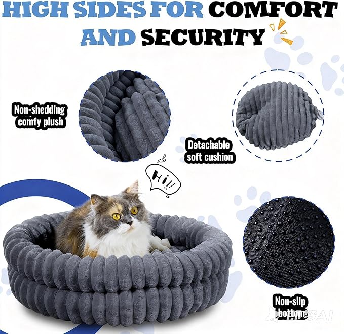 Washable Cat Bed Donut Dog Beds for Small Dogs with Corduroy Fleece Super Soft Pet Bed for Puppy and Kitten,27 * 27 * 6",Grey