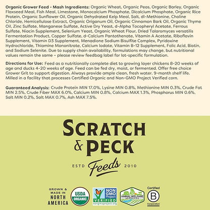 Scratch and Peck Feeds Organic Chicken & Duck Feed - Grower Mash - 50-lbs - 17% Protein, Premium Whole Grains, Essential Oils, Vitamins and Minerals