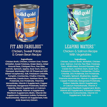 Solid Gold Wet Dog Food Variety Pack for Picky Eaters - Fit & Fabulous Chicken + Leaping Waters Chicken & Salmon Grain Free Canned Dog Food - Made with Real Protein for Sensitive Stomachs - 6 Pack