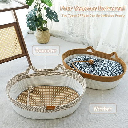 Pet Beds for Cats, Cat Beds for Indoor Cats 19.69"×13.78"×6.30",Cotton Rope Oval Cat Bed for All Seasons (with Cooler Straw Mat and Cotton Mat Both), Suitable for cats＆dogs (Yellow-white, Medium)