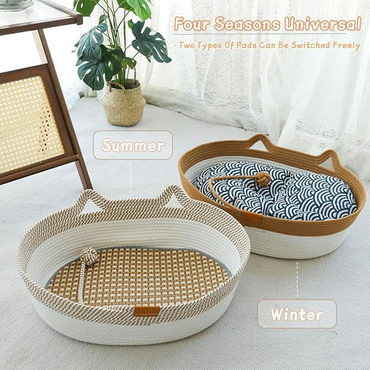 Pet Beds for Cats, Cat Beds for Indoor Cats 19.69"×13.78"×6.30",Cotton Rope Oval Cat Bed for All Seasons (with Cooler Straw Mat and Cotton Mat Both), Suitable for cats＆dogs (Yellow-white, Small)