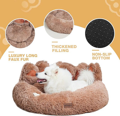 Cute Dog Bed, Fluffy Cozy Bear Paw Shape Plush Round Cat Bed for Small, Medium Dogs Large Cats, Comfortable Sleeping Puppy Cushion, Ideal for Indoor Use（Khaki,30inch