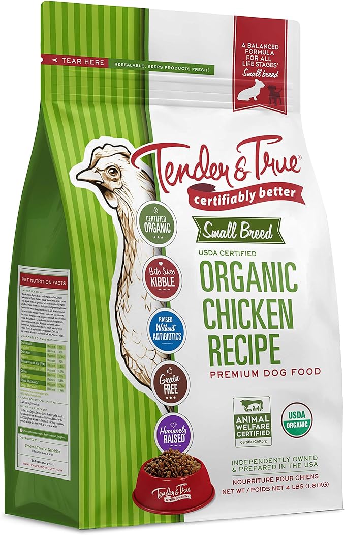 Tender & True organic chicken recipe dog food packaging on a white background